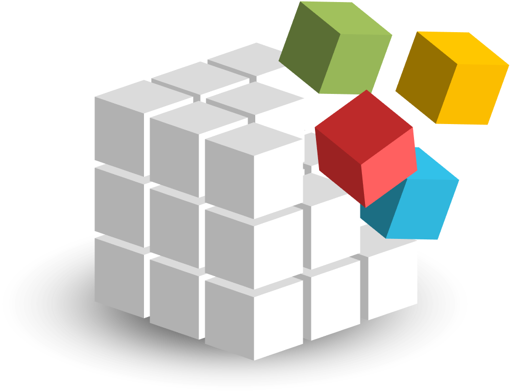 Cube composed of white cubes and four colored cubes, representing customised courses being integrated into the EIPM Library of existing courses.